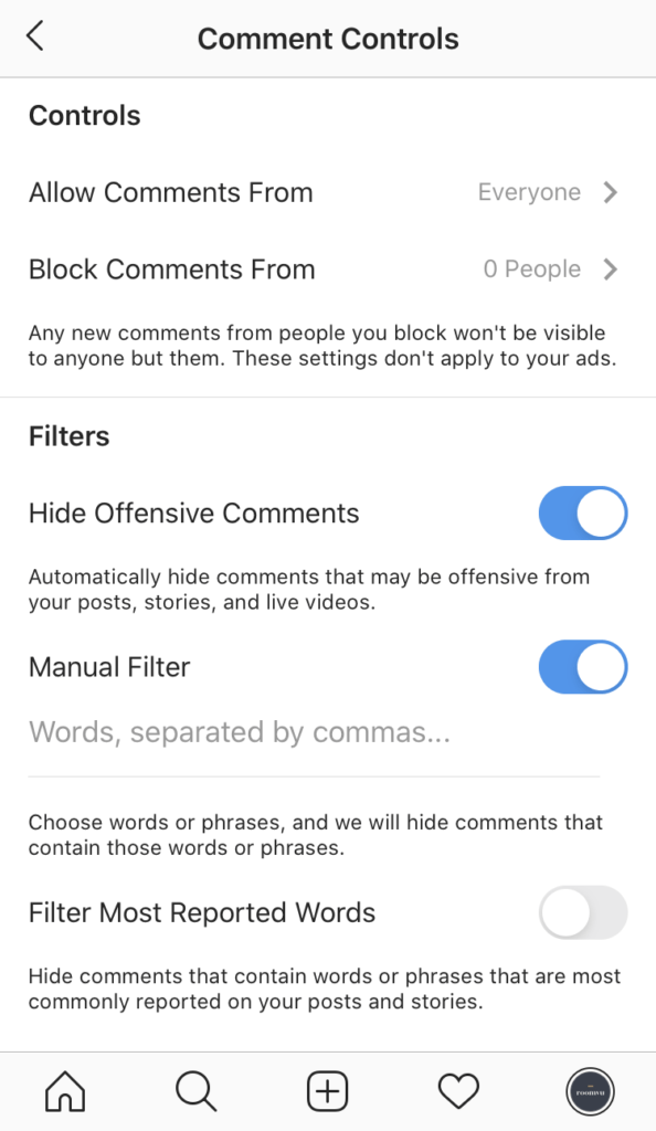 Instagram comments settings