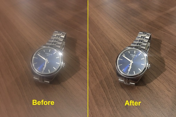 Before and After of a photo of a watch