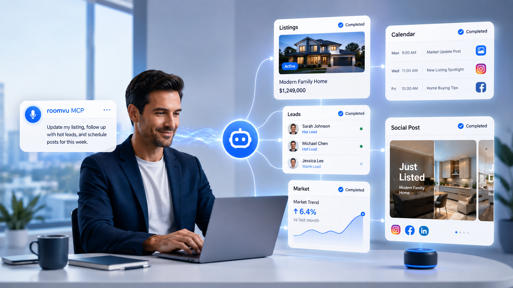 AI assistant connected to roomvu managing real estate listings, calendar, and leads