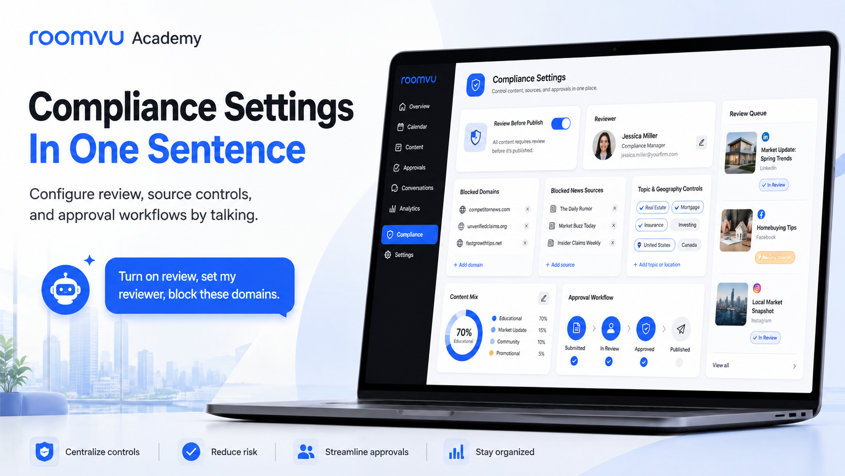 Compliance review settings for real estate and insurance marketing configured through an AI assistant