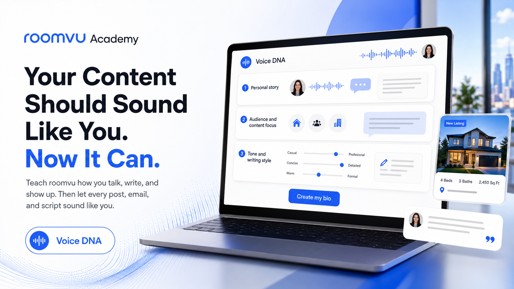 Voice DNA setup capturing an agent's unique tone and writing style for AI-generated content