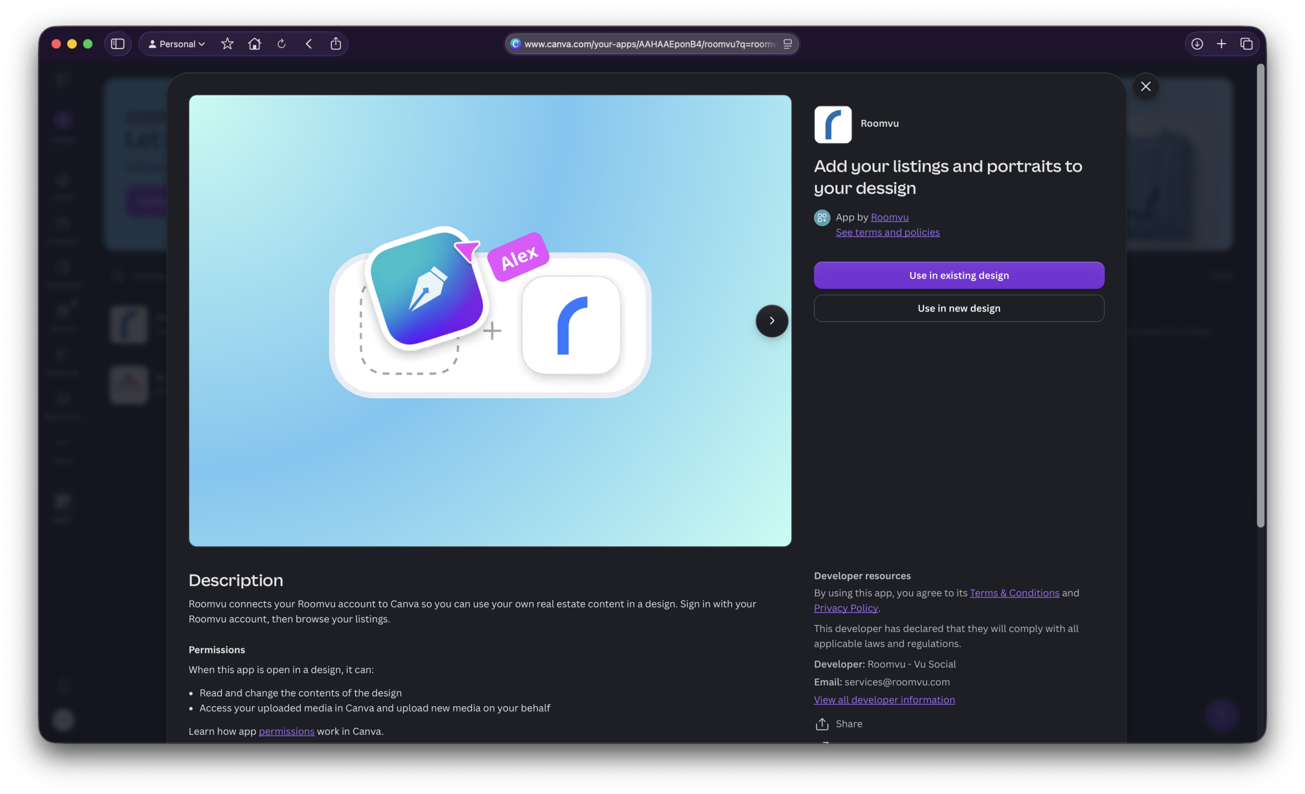 roomvu app for Canva open in the Canva sidebar with MLS listings loaded and ready to drag in