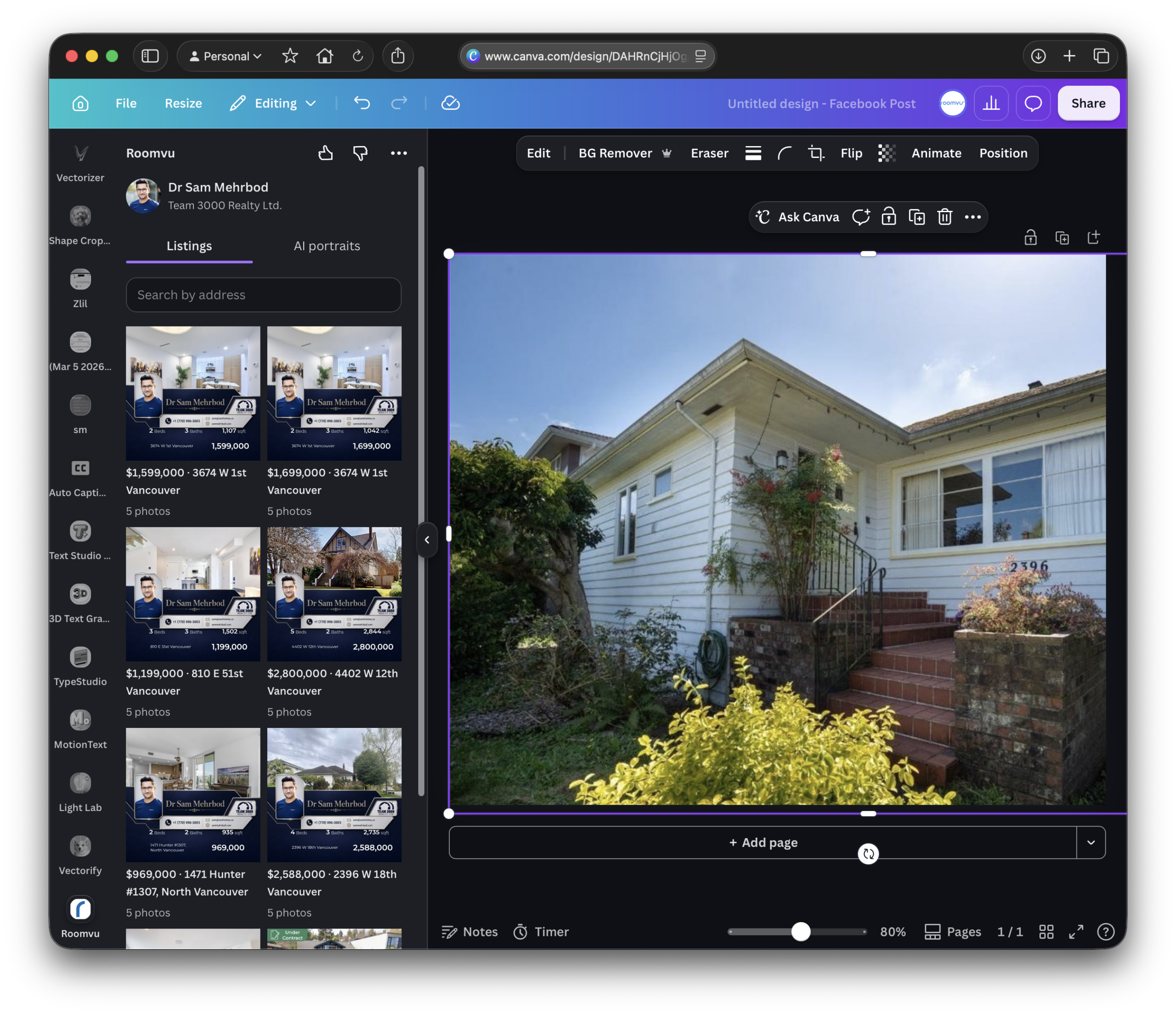 roomvu listings, AI portraits, and client testimonials in a searchable grid inside Canva
